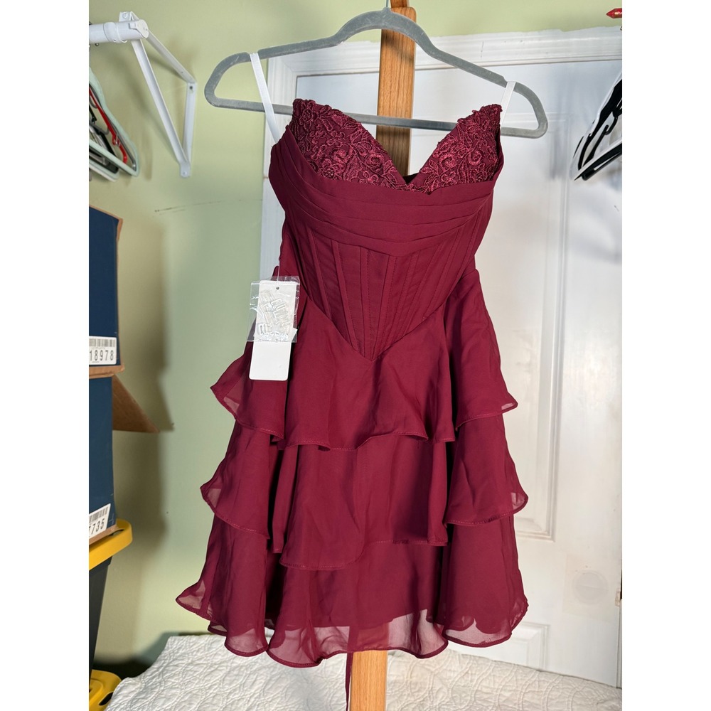 Burgundy Lace Corset Tiered Ruffle Mini Dress Wine Red Size 2